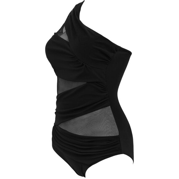Runtly Womens XXL One Shoulder Swimsuit Black Mesh Cutout Tummy Control High - Picture 2 of 6